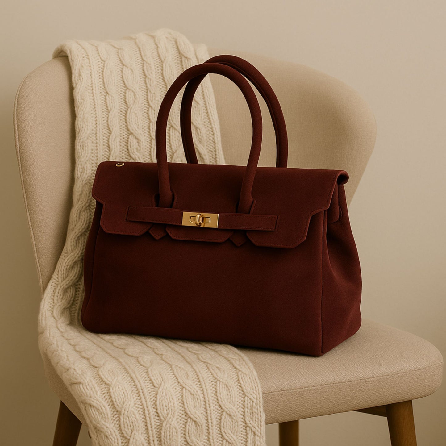 Elizabeth carryall tote in deep burgundy suede resting on a cream chair with soft natural light.