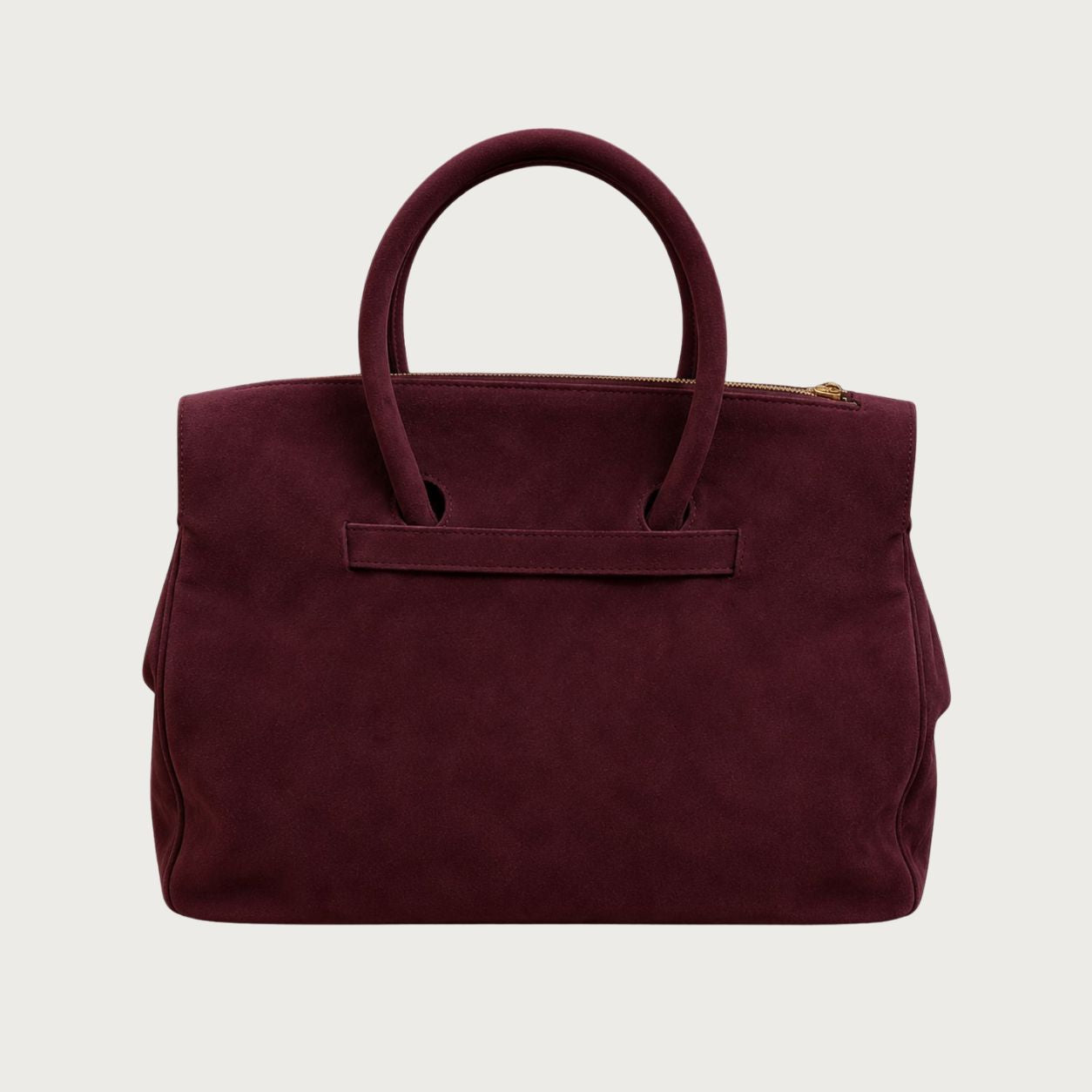 Back view of deep burgundy suede structured handbag with rounded top handles