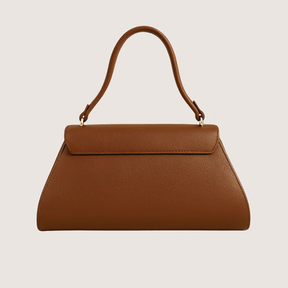 Florence top-handle bag in Cuoio Soft Togo leather, warm caramel-brown hue, shown in a back view highlighting the clean minimalist pane.
