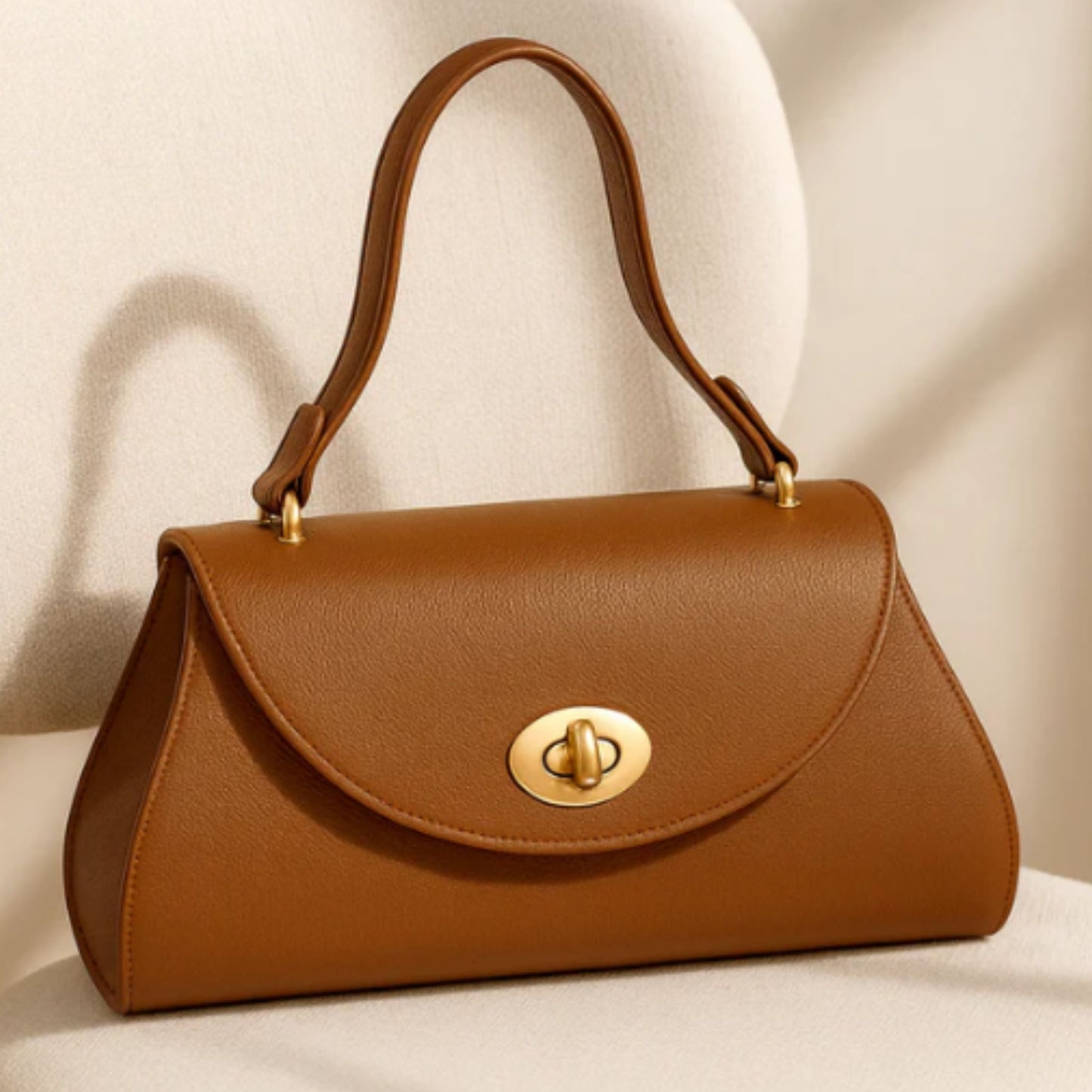 Florence top-handle bag in Cuoio Soft Togo leather, warm caramel-brown hue, resting on a cream chair in soft natural light.