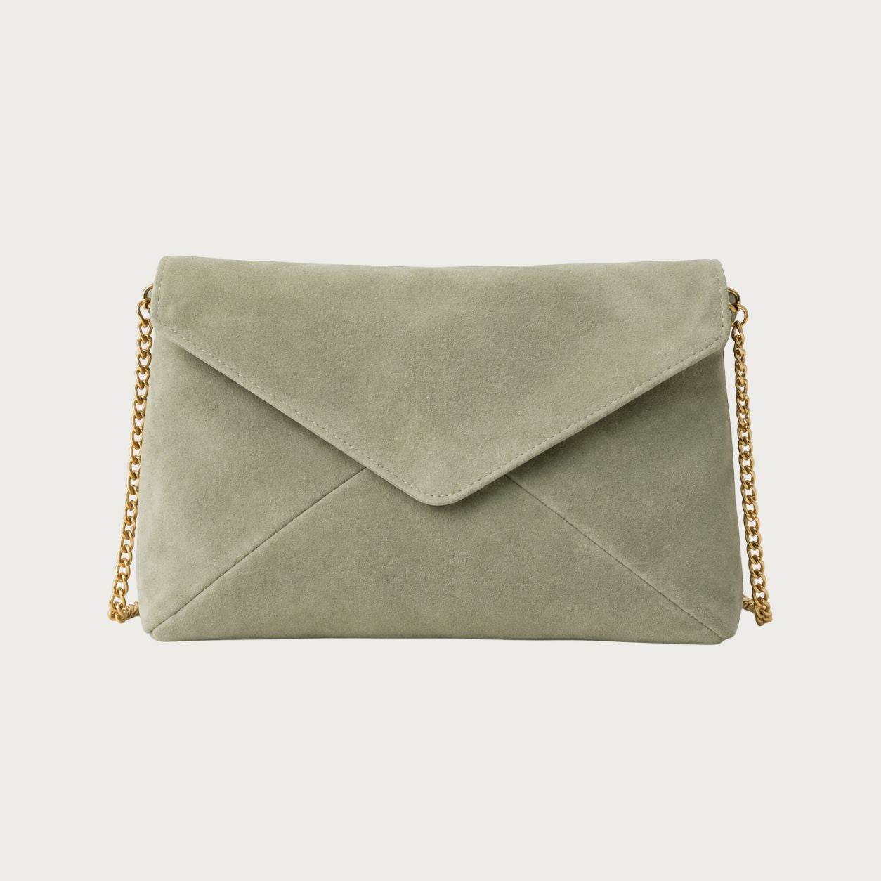Deep sage-green suede envelope clutch with gold chain strap