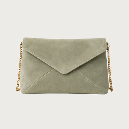 Deep sage-green suede envelope clutch with gold chain strap
