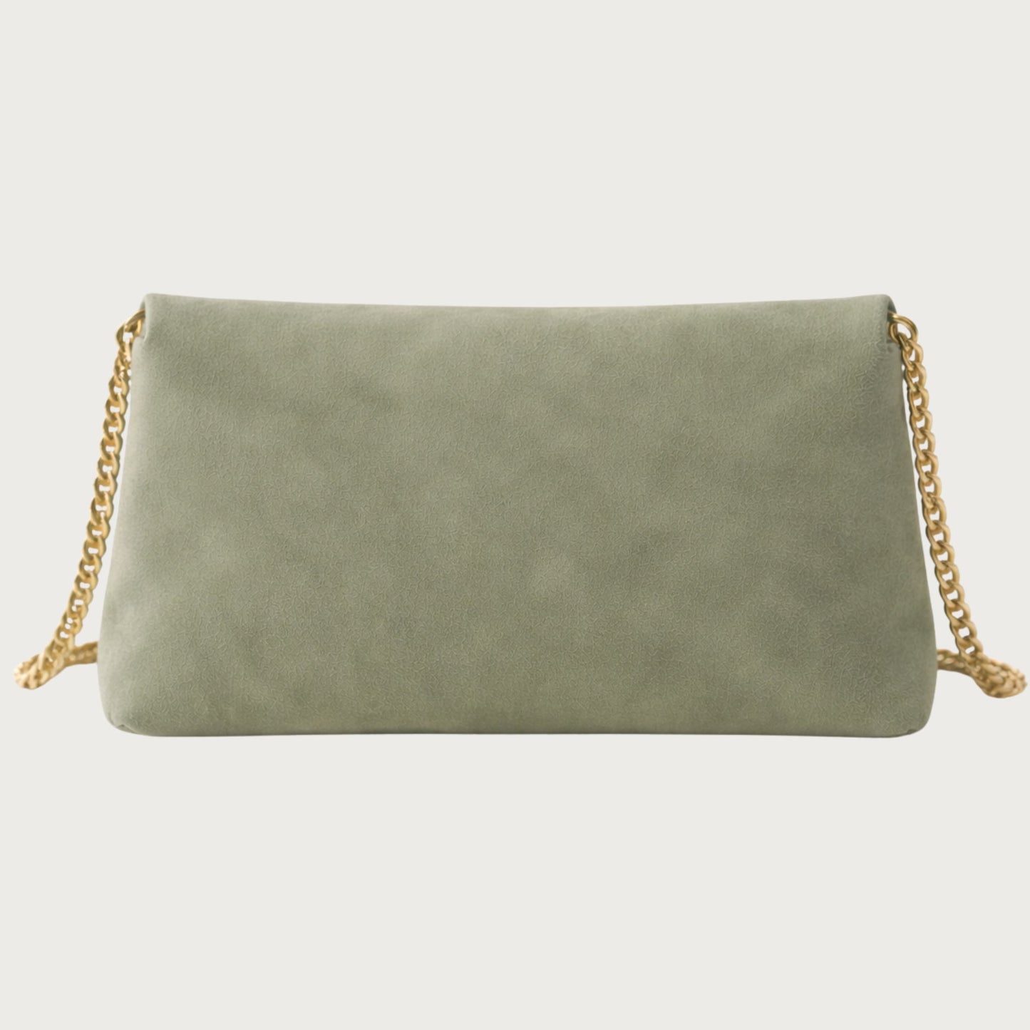 Back view of the Nina convertible clutch in muted sage-green suede with gold chain strap.