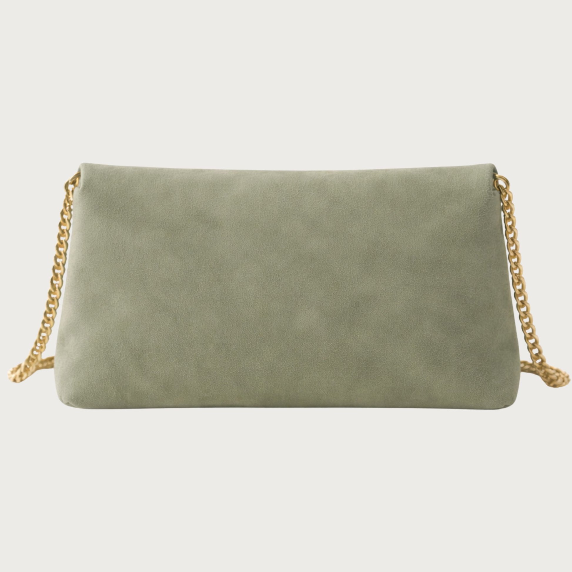 Back view of the Nina convertible clutch in muted sage-green suede with gold chain strap.