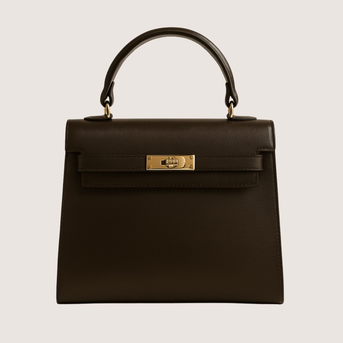Zaira structured top-handle bag in espresso deep brown leather with gold hardware, front view.