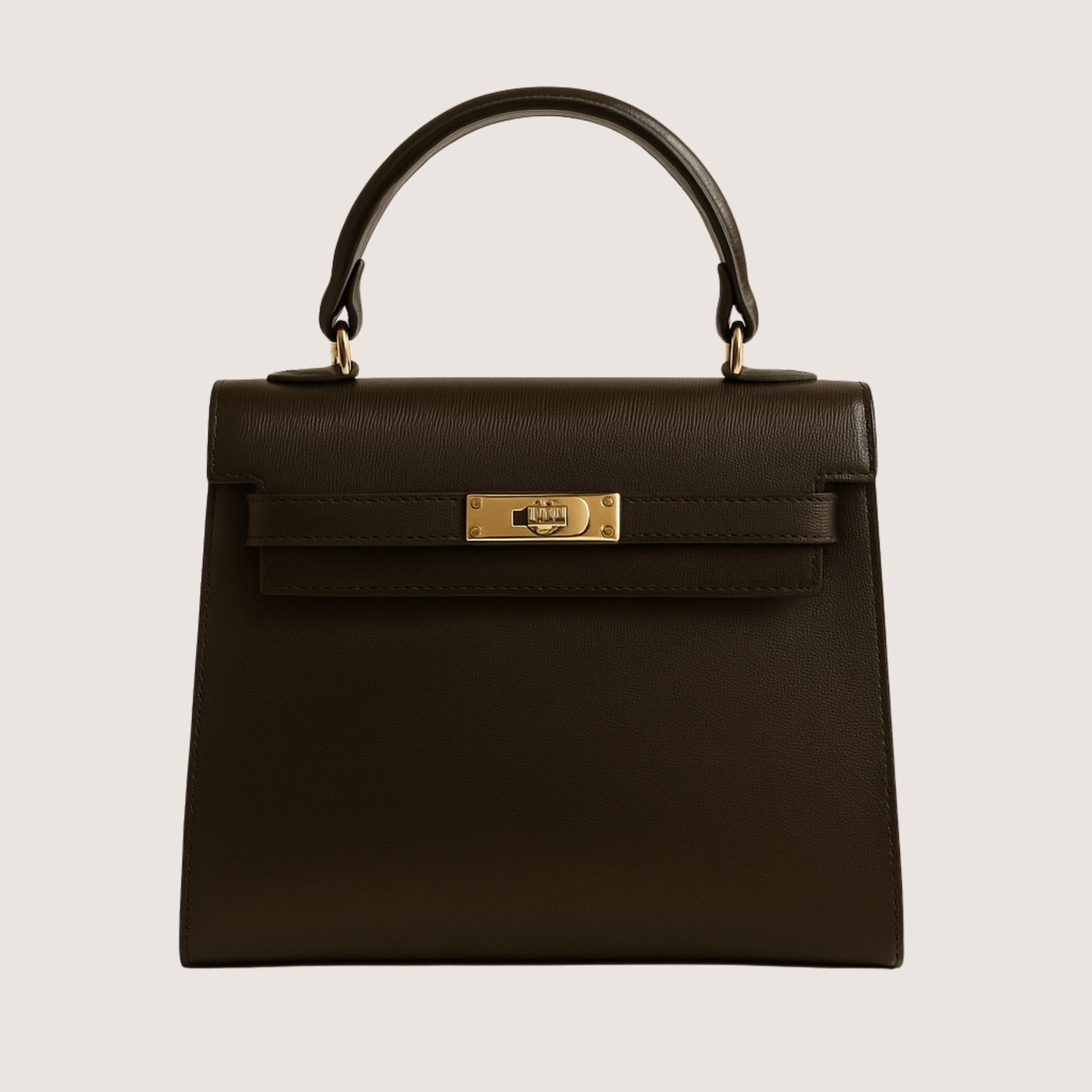 Zaira structured top-handle bag in espresso deep brown leather with gold hardware, front view.