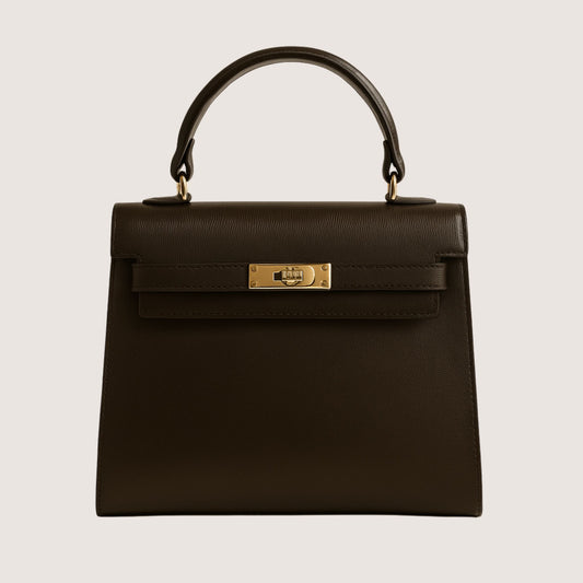 Zaira structured top-handle bag in espresso deep brown leather with gold hardware, front view.