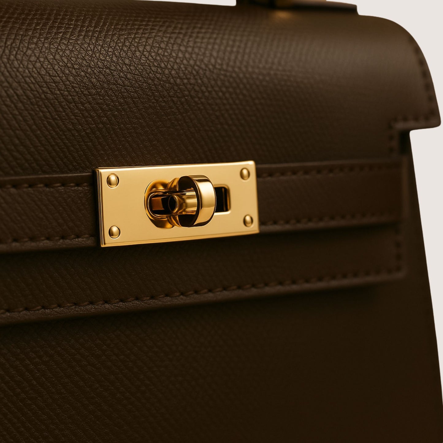 Close-up of the Zaira bag’s gold turn-lock hardware and espresso deep brown leather texture.