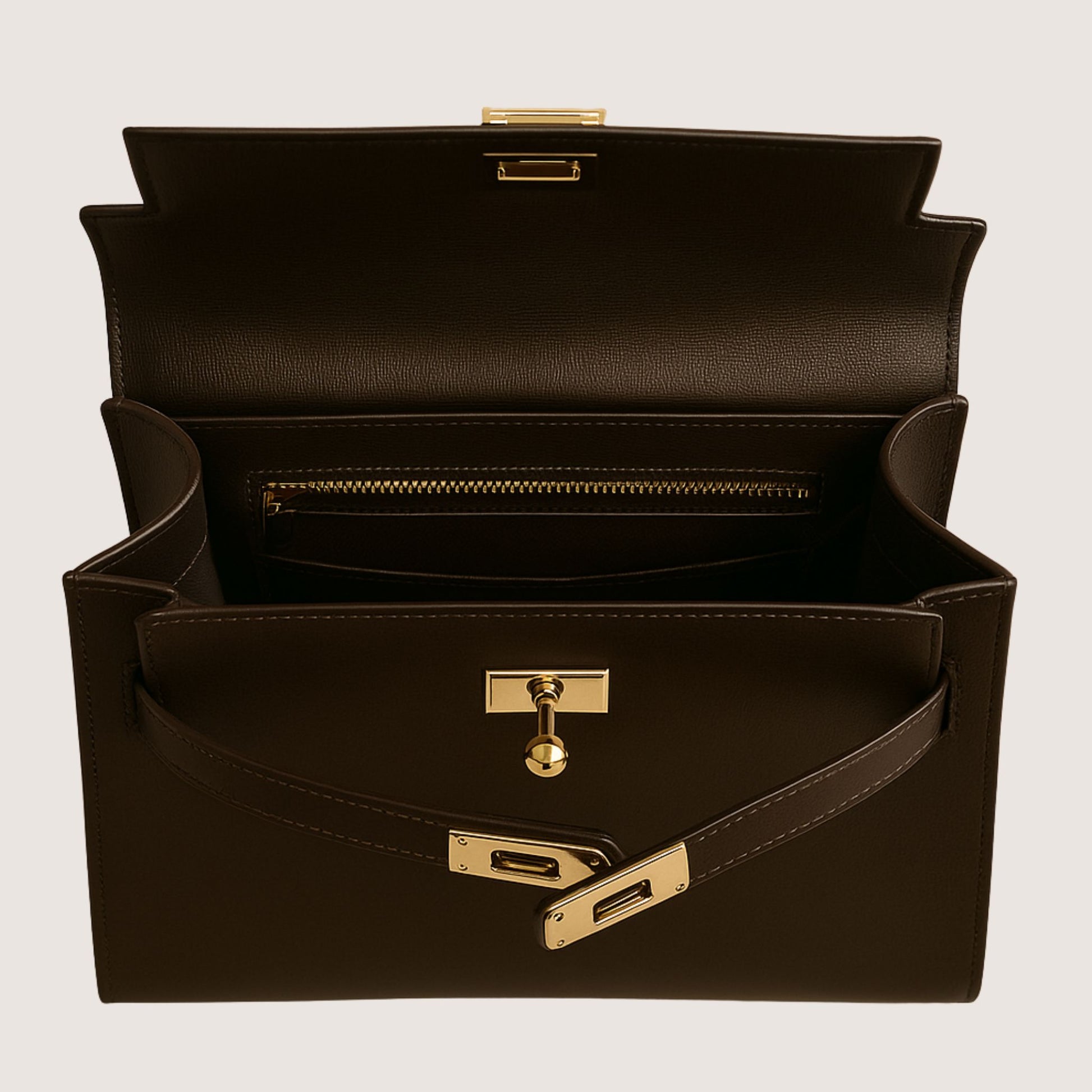 Interior view of the Zaira structured top-handle bag in espresso deep brown leather, showing the zip pocket and gold hardware.