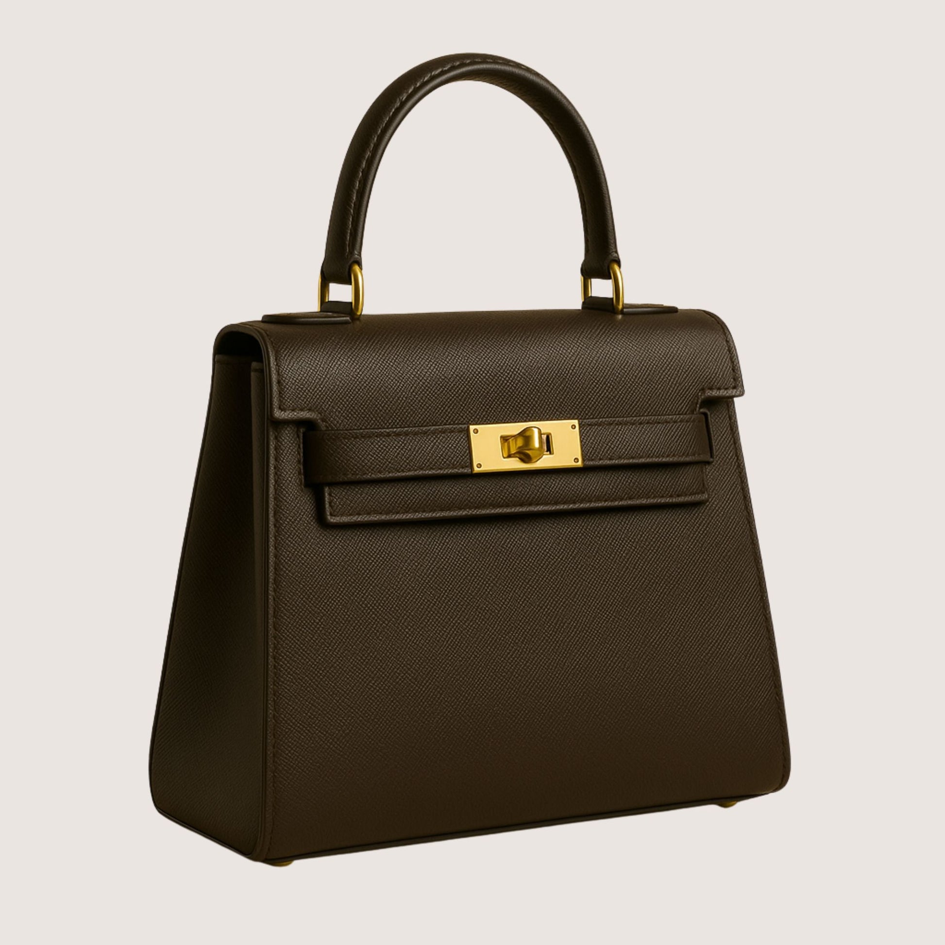 Side view of the Zaira structured top-handle bag in espresso deep brown Italian leather.