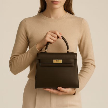 Model holding the Zaira structured top-handle bag in deep espresso leather, close-up handheld view.