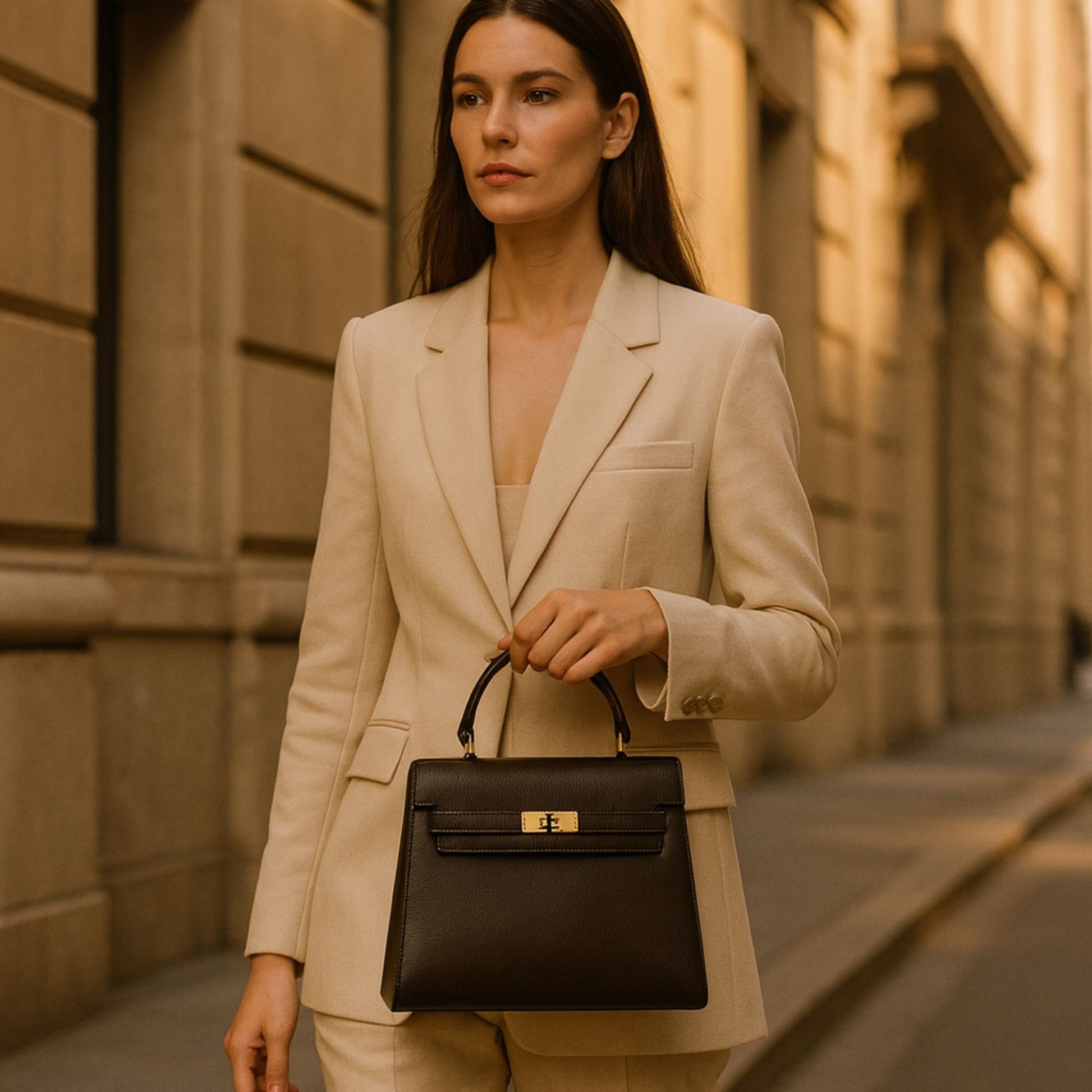 Model walking with the Zaira structured top-handle bag in deep espresso leather.